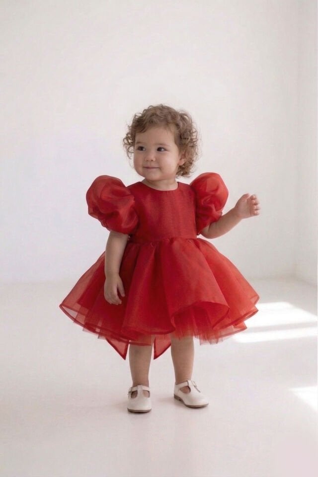 Bordo Karolin Pamuk Astarlı Kız Bebek Çocuk Romper Külotlu Abiye Elbise