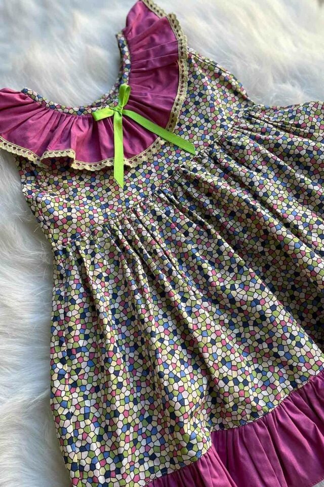Renkli Petek Desenli Fırfır Ve Dantel Detaylı Kolsuz Kız Çocuk Bebek Tasarım Elbise