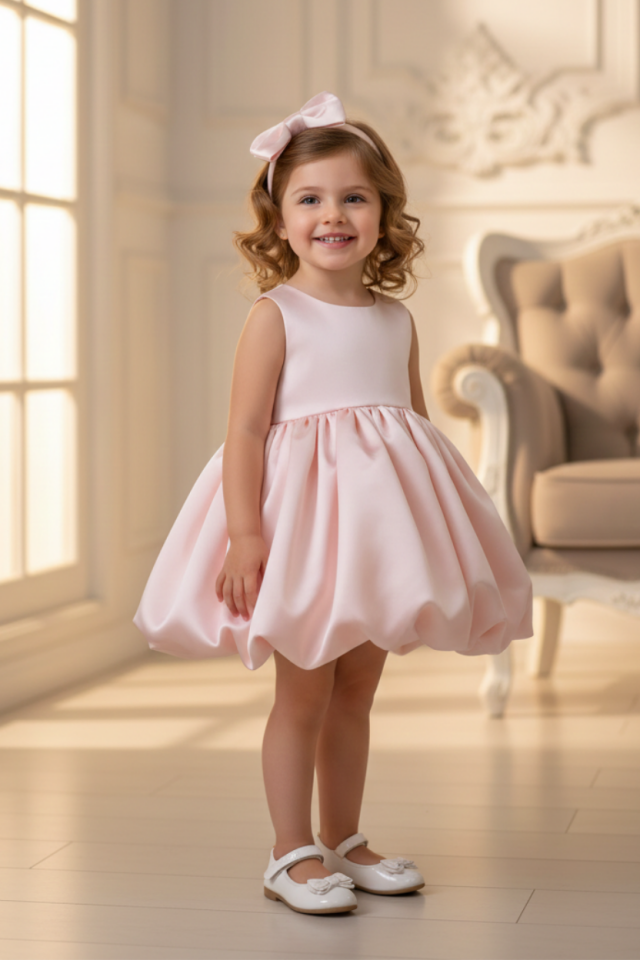 Balon Etek Kız Çocuk Bebek Abiye Saten Pembe Elbise