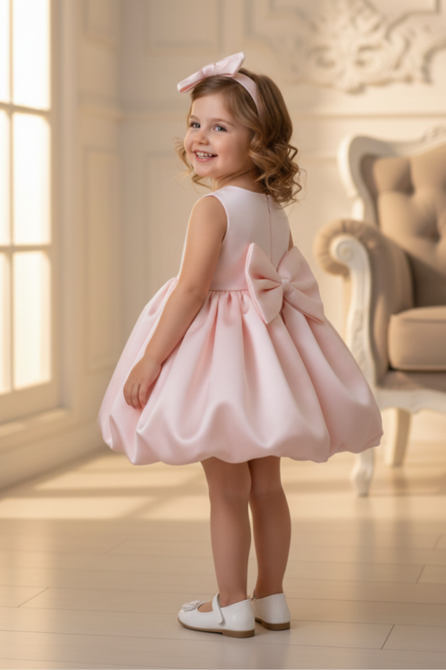 Balon Etek Kız Çocuk Bebek Abiye Saten Pembe Elbise