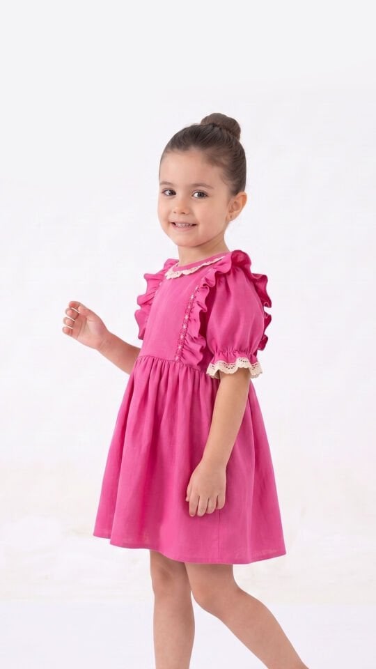Dantelli Pembe Şile Bezi Özel Dikim Elbise %100 Pamuklu Fırfırlı Kız Çocuk Elbise