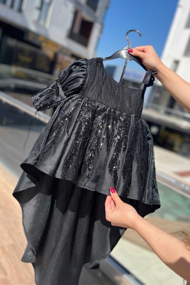 Siyah Kız Çocuk Bebek Abiye Kabarık Boncuk Dantelli Elbise