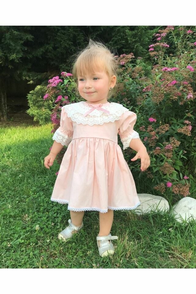 Dantel Yaka Detaylı Açık Pembe Kız Çocuk Bebek Elbise