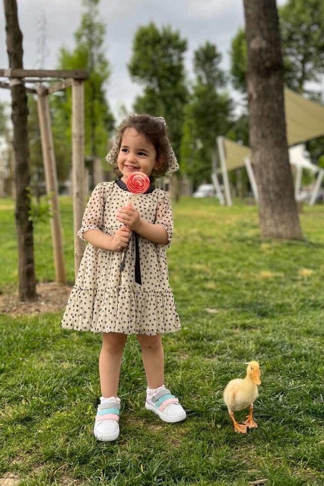 Siyah Kurdele Detaylı Çiçekli Şifon Tüllü Kız Çocuk Bebek Elbise