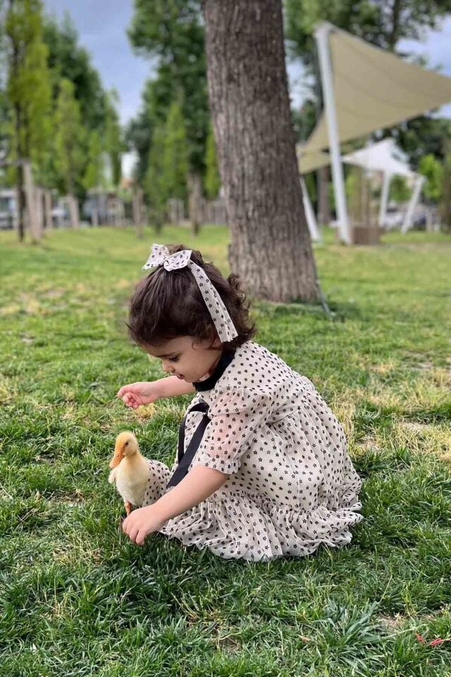 Siyah Kurdele Detaylı Çiçekli Şifon Tüllü Kız Çocuk Bebek Elbise